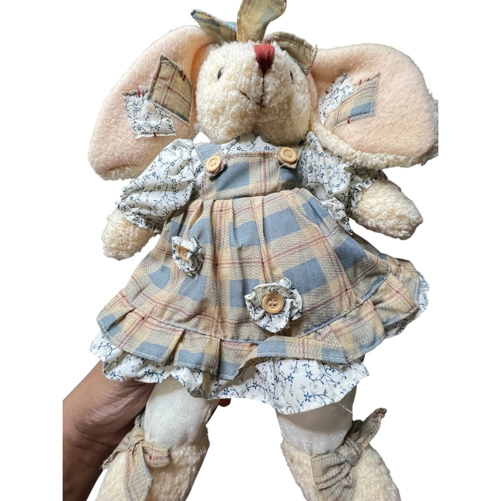 Vintage MTY International Plush Bunny Rabbit Plaid Dress Floral Country Core 12"